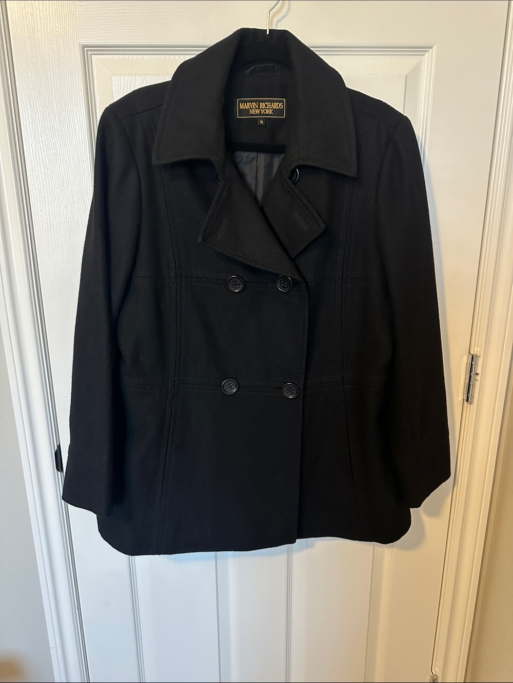 Marvin Richards Black Double-Breasted Wool Peacoat
